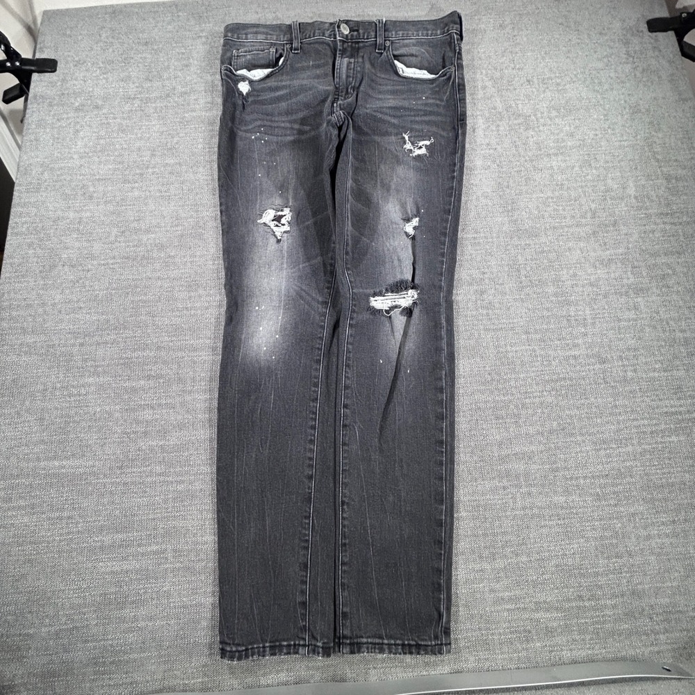PacSun Skinny Jeans Mens 33x32 Black‎ Good Distressed Paint Splatter Faded Denim